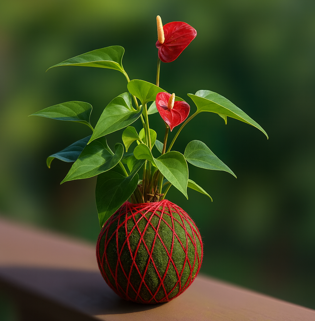 Kokedama de antúrio com cordão vermelho